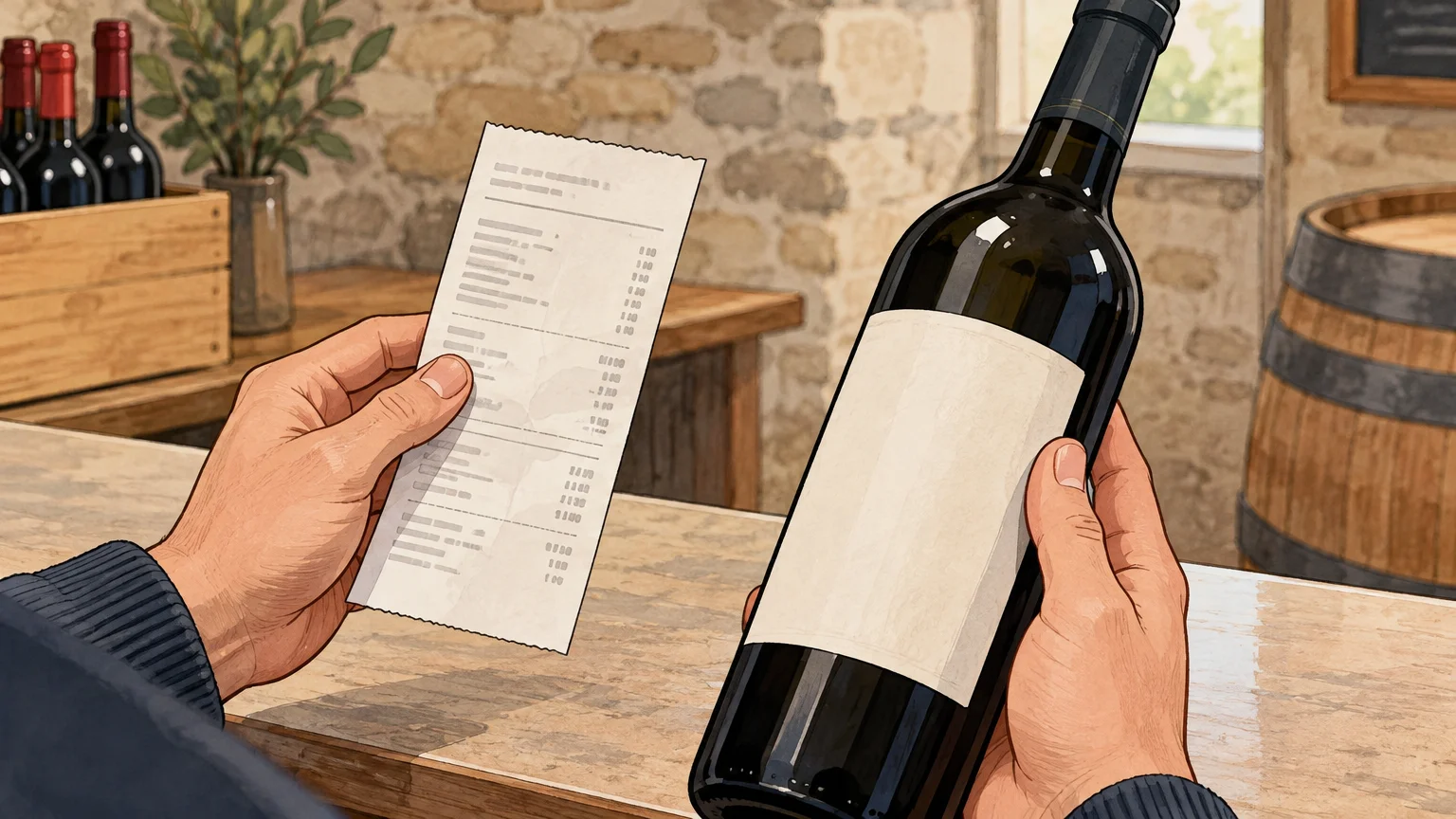 Main comparant un reçu et une bouteille de vin sur un comptoir de caveau.
