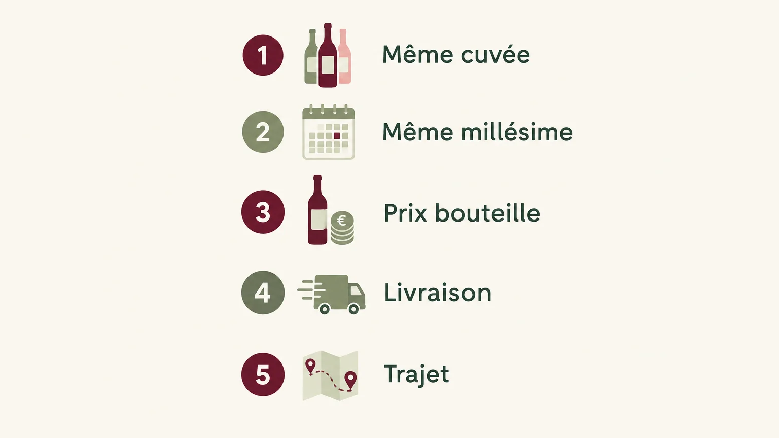 Infographie listant cinq critères de comparaison : cuvée, millésime, prix, livraison et trajet.