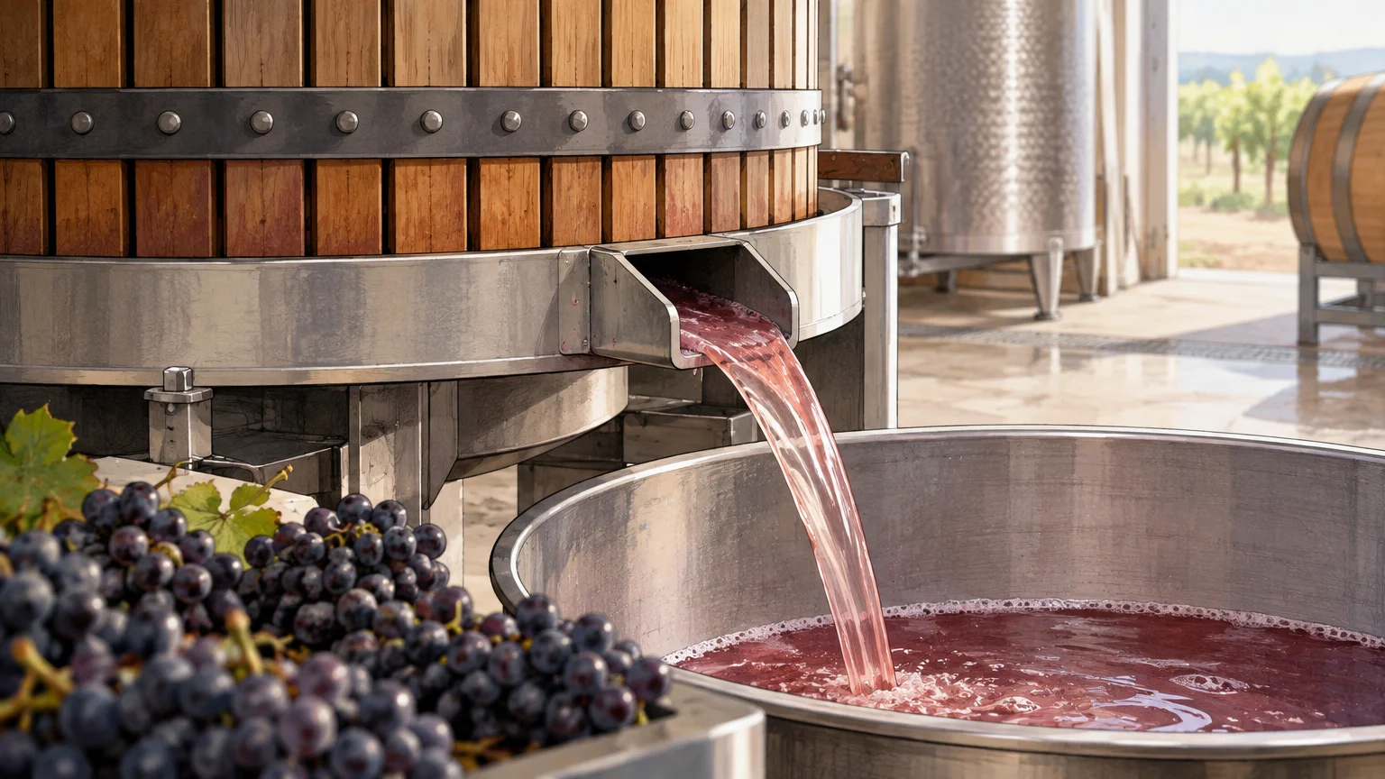 Du jus de raisin noir fraîchement pressé s’écoule dans une cuve de cave.