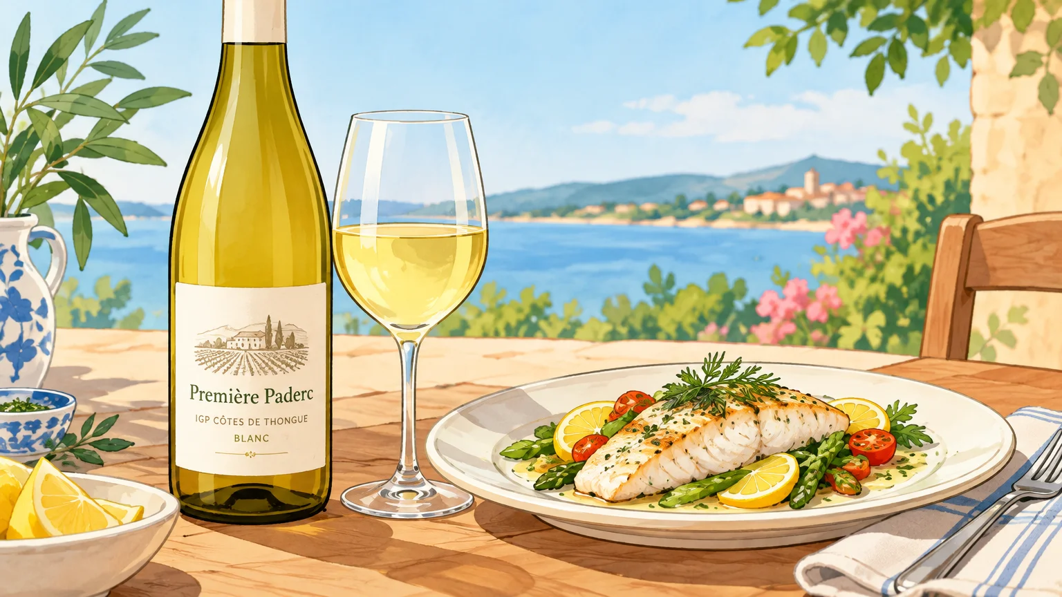 Bouteille de vin blanc présentée avec un verre dans une ambiance lumineuse, pour illustrer un accord autour du poisson.